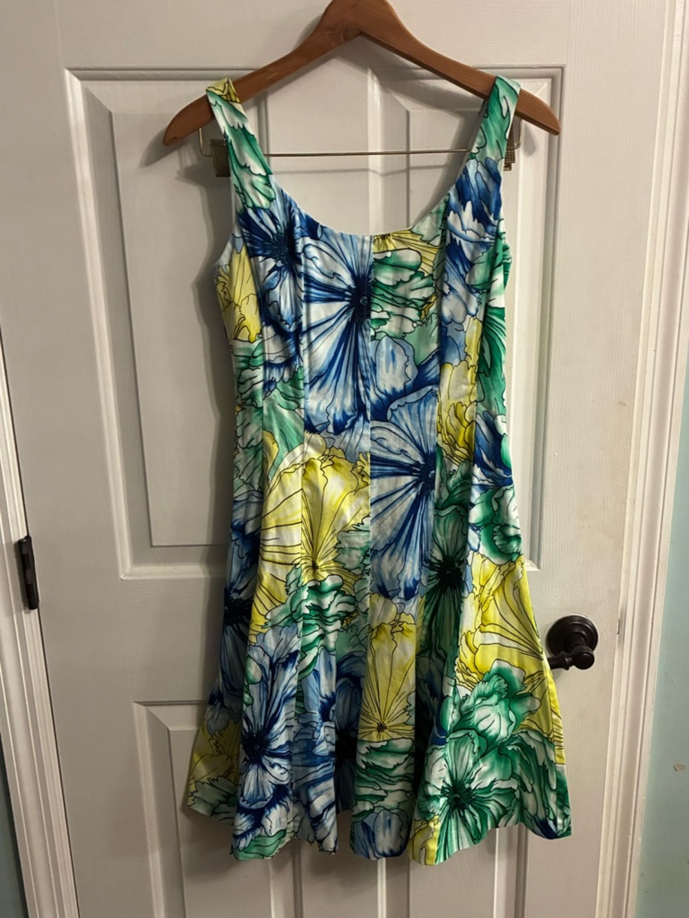 Sleeveless Floral Fit-and-Flare Mini Dress in Blue, Green & Yellow